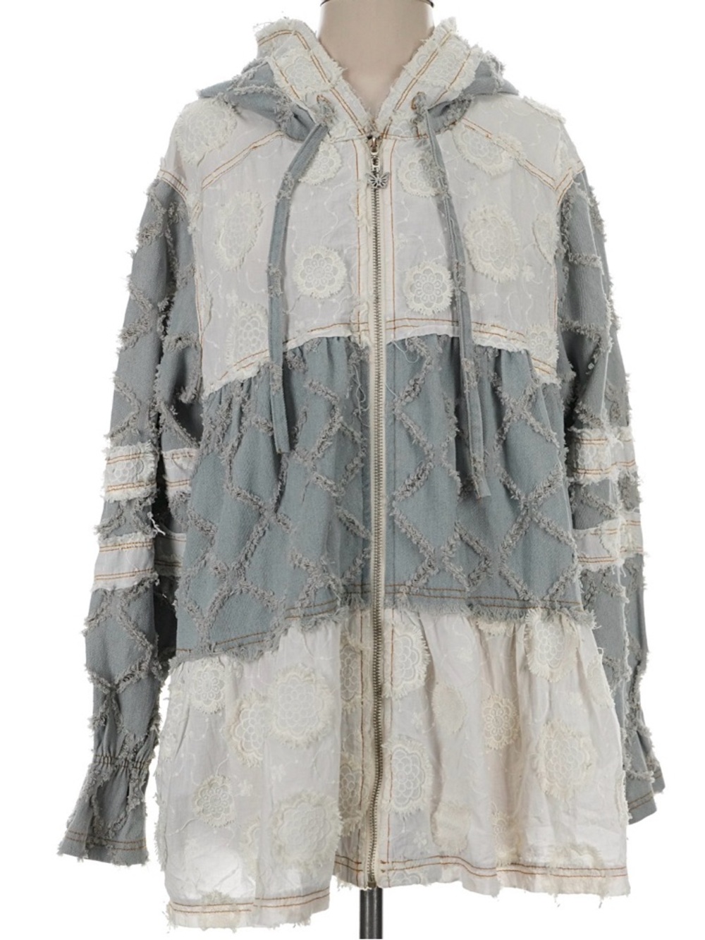 POL Patchwork Oversized Hooded Zip Jacket in Gray and Cream